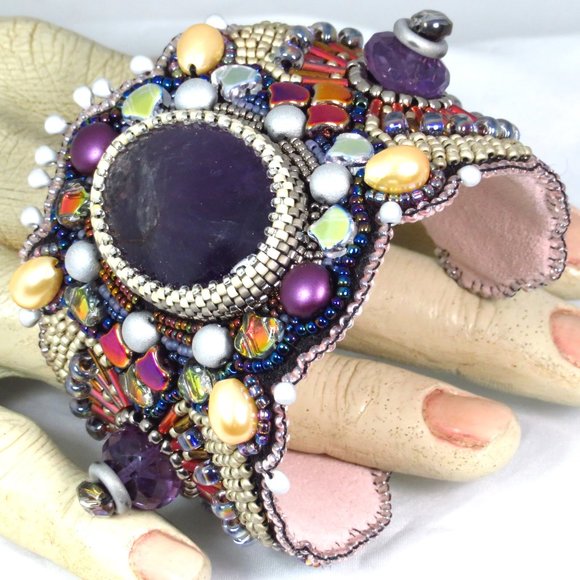 Amethyst beaded cuff bracelet